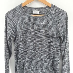 Athleta Striped Ruched Long Sleeve Athletic Top Women M Gray Black White Running